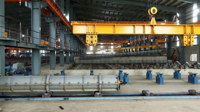 Large industrial precast concrete pile manufacturing facility with overhead crane system