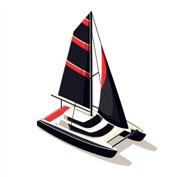 Isometric illustration of a modern black and red catamaran sailboat on a white background