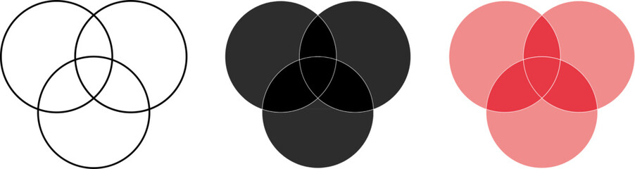Three circle Venn diagram set featuring outline, solid dark, and colored overlap styles. Ideal for business concepts, infographics, presentations, education, and data visualization.