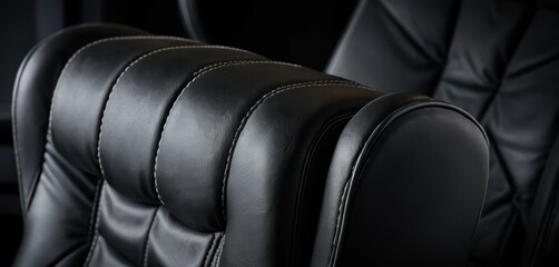 Obraz premium Texture and detail of a black leather office chair's padded backrest clean white stitching highlights the seams