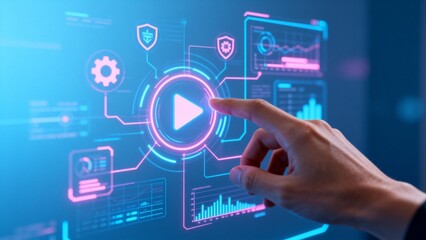 Hand interacting with futuristic digital interface