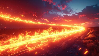 A blazing trail of fire curves down a desolate road under a dramatic, fiery sunset sky, evoking a sense of immense speed and energy.