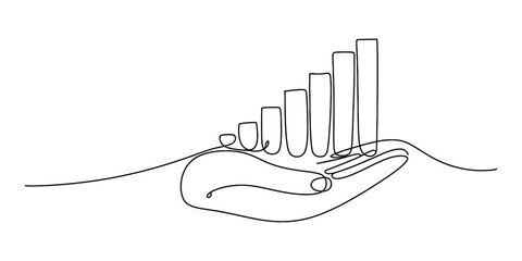 Continuous line drawing of a hand holding an upward trending bar chart symbolizing growth Vector, illustration