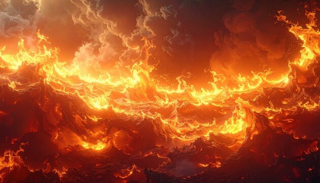 A tumultuous sea of fire and molten lava rages under a dark, smoky sky. This apocalyptic scene evokes intense heat, power, and chaos.