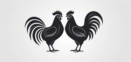 Obraz premium Two stylized black rooster silhouettes facing each other on a plain light background Minimalist graphic design