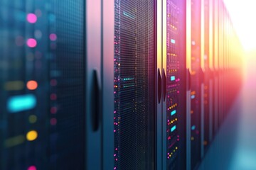 IT data center server racks with illuminated network panels and colorful status lights, perfect for enterprise cloud infrastructure hosting cybersecurity and backend technology concepts