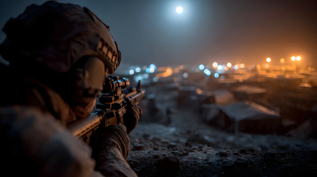 Soldier aiming weapon during combat training exercise at night