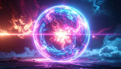 A vibrant, glowing orb of plasma energy sits on a desolate alien landscape under a starry, colorful nebula.