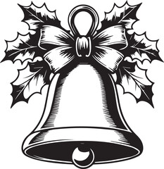 An elegant, monochrome depiction of a festive Christmas bell, adorned with a graceful ribbon bow and sprigs of holly, captures the essence of holiday cheer and timeless elegance.