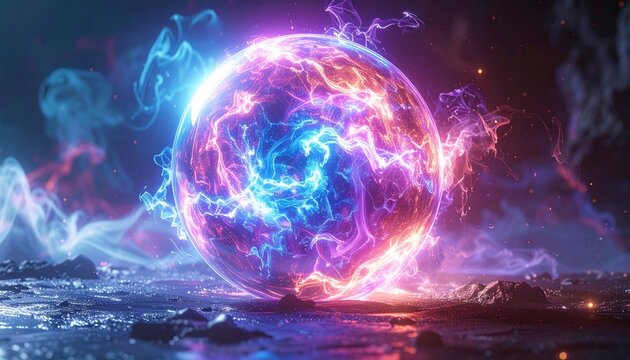 A vibrant orb of crackling plasma energy rests on a dark, rocky surface, emitting a powerful neon glow of blue and purple light. - Powered by Adobe