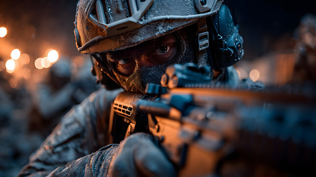 Soldier aiming weapon during combat training exercise at night