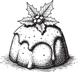 A classic holiday treat: a detailed illustration of a Christmas pudding, adorned with a sprig of holly. A festive depiction evoking warmth and tradition.