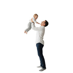 Father holding baby up in the air isolated on transparent background
