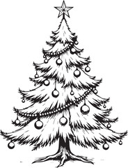 A detailed and festive illustration of a Christmas tree adorned with ornaments and a star, capturing the holiday spirit.