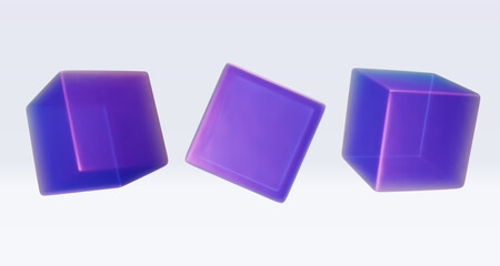 Set 3d iridescent hologram cube, square, parallelepiped. Render geometry figure in purple, pink, blue colors. Vector illustration isolated on white for design projects, presentation, adv