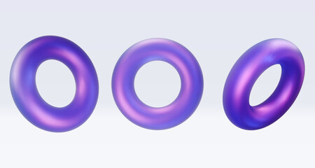 Set 3d iridescent hologram tor, ring. Render geometry figure in purple, pink, blue colors. Vector illustration isolated on white for design projects, product display, presentation, adv