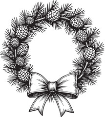 An elegant, hand-drawn Christmas wreath, adorned with detailed pinecones and a delicate ribbon bow, exuding a sense of festive charm.