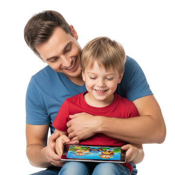 Father and son happily playing on a tablet isolated on transparent background
