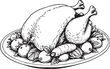 A detailed and realistic line art illustration of a roasted turkey on a platter with vegetables, ready to serve and feast.