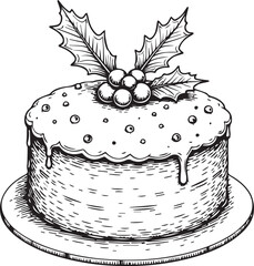 A festive and delicious Christmas cake, beautifully decorated with holly and berries, embodying the spirit of the holiday season, sketched with intricate detail, ready to be enjoyed.