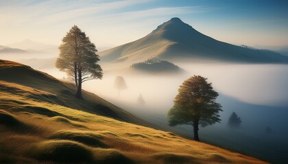 fog shrouds a hillside with two prominent trees in the foreground and a partially visible peak in the background