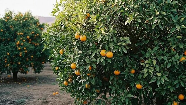 Rows of orange trees laden with ripe fruit in an orchard.