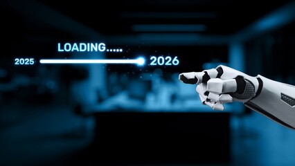 Futuristic robotic hand indicates a loading progress bar transitioning from 2025 to 2026 in a...