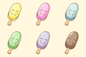 Set of cute pastel ice cream popsicle cartoon vector illustration with a happy smiling face. Kawaii dessert in soft pastel colors.