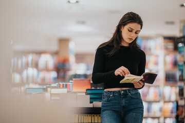 A young woman in a black crop top and jeans reads a book in a bright bookstore. The calm, focused...