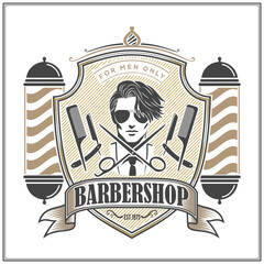 Classic Barbershop Sign with Stylish Male Portrait and Barber Pole Design. Vector illustration