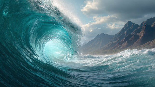 A towering wave crashes towards the shore, with mountains in the background, a breathtaking scene of nature's power. The water is a stunning shade of blue and the sky is overcast.