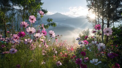 Obraz premium Serene Mountain Landscape with Colorful Wildflowers Against a Misty Sunrise Backdrop in a Peaceful Natural Setting