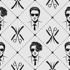 Barbershop seamless pattern with hipster face, hairdressing scissors and razor. Vector illustration