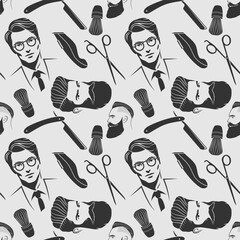 Barbershop seamless pattern with hipster face, hairdressing scissors and razor. Vector illustration