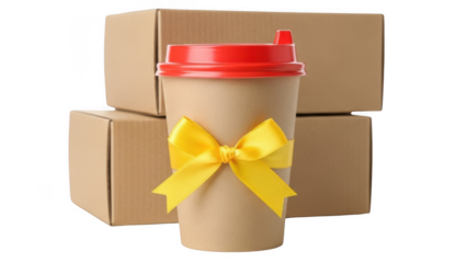 Coffee Cup with Yellow Bow and Cardboard Boxes Isolated on Transparent Background Keywords: coffee isolated on a transparent background