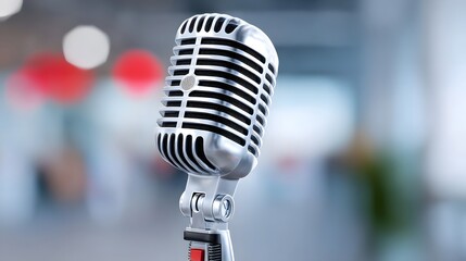 Close up view of a shiny retro silver microphone with a classic design set against a softly blurred backdrop featuring colorful bokeh circles evoking themes of music and broadcast