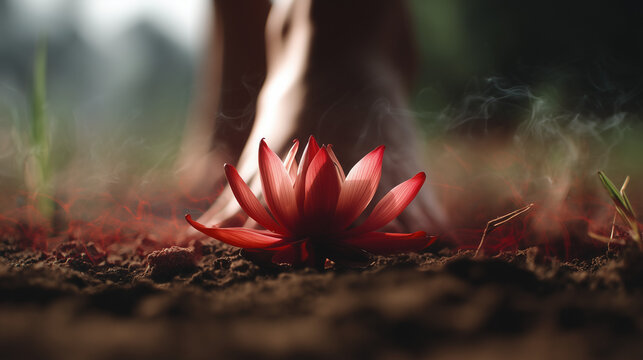 first chakra root chakra red lotus on the ground radiating red light energy with feets in the background. grounding rooting earthing back to the roots muladhara 1st chakra