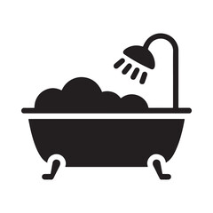 a simple black and white graphic illustration of a classic bathtub filled with bubbles and a showerhead above it high quality