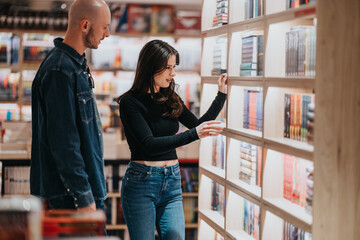 Two people browse shelves in a well-lit bookstore, selecting books among colorful volumes.