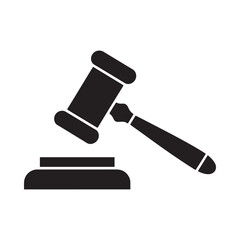 A simple black and white illustration depicts a classic gavel resting upon a sound block signifying justice and legal proceedings