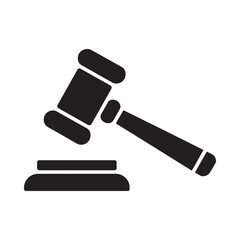 A simple black and white illustration depicts a traditional judge s gavel resting upon a sound block symbolizing law and legal proceedings