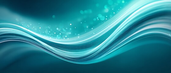 Teal-to-navy wave lines forming smooth sine curves, faint glow and micro-particle dust, clean corporate palette, generous left-side copy area, modern abstract, no text no logos
