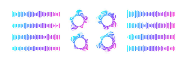 Podcast wave collection with neon gradient circular patterns and horizontal soundwaves on dark background. Audio frequency lines in cyan, blue and magenta - radial bursts and streaming podcast icons.