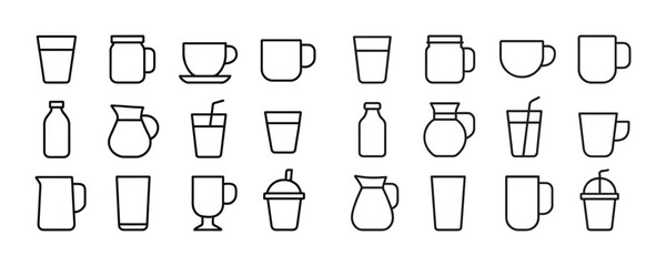 Fototapeta premium Outline icon set of various drinkware: mugs, glasses, cups, jars