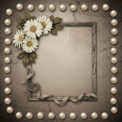 Vintage square floral frame with pearls and rustic texture