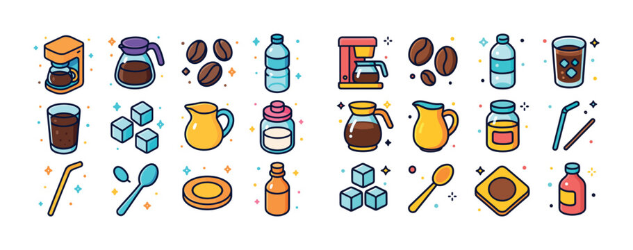 Colorful coffee and drink elements icons: cups, bottles, spoons,