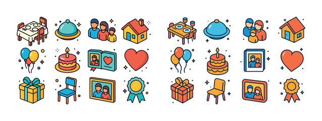 Obraz premium Colorful family and celebration icons with balloons, gifts, and