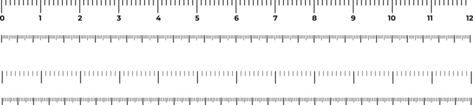Horizontal measurement ruler scale set, Size indicator units. Metric centimeter, inch size indicators. Isolated on transparent background.