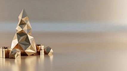 Minimal geometric Christmas tree with gifts on neutral background