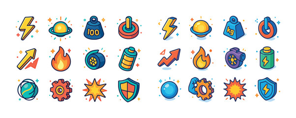 Colorful cartoon game icons including fire, shield, and energy